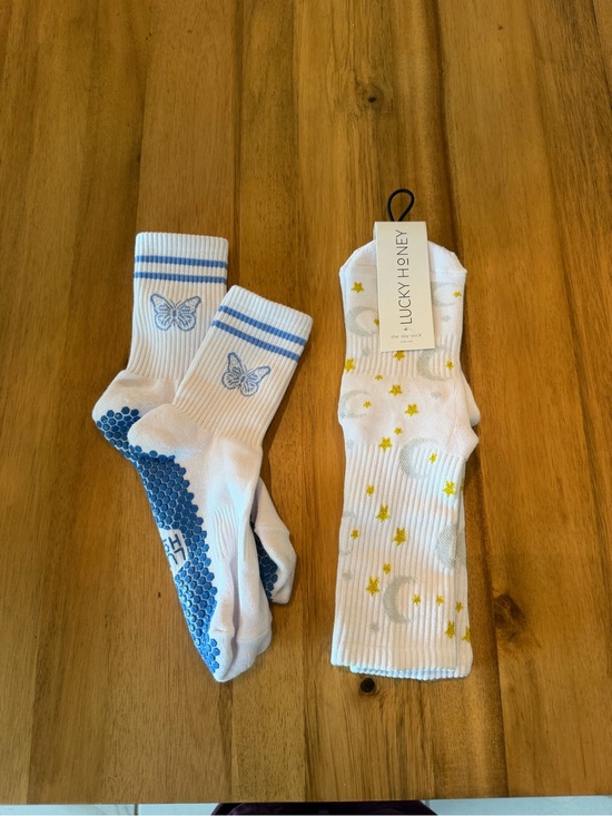 Lucky Honey Accessories - Pilates grip socks (two) White Crew Socks with Blue Butterfly & Star Moon Print